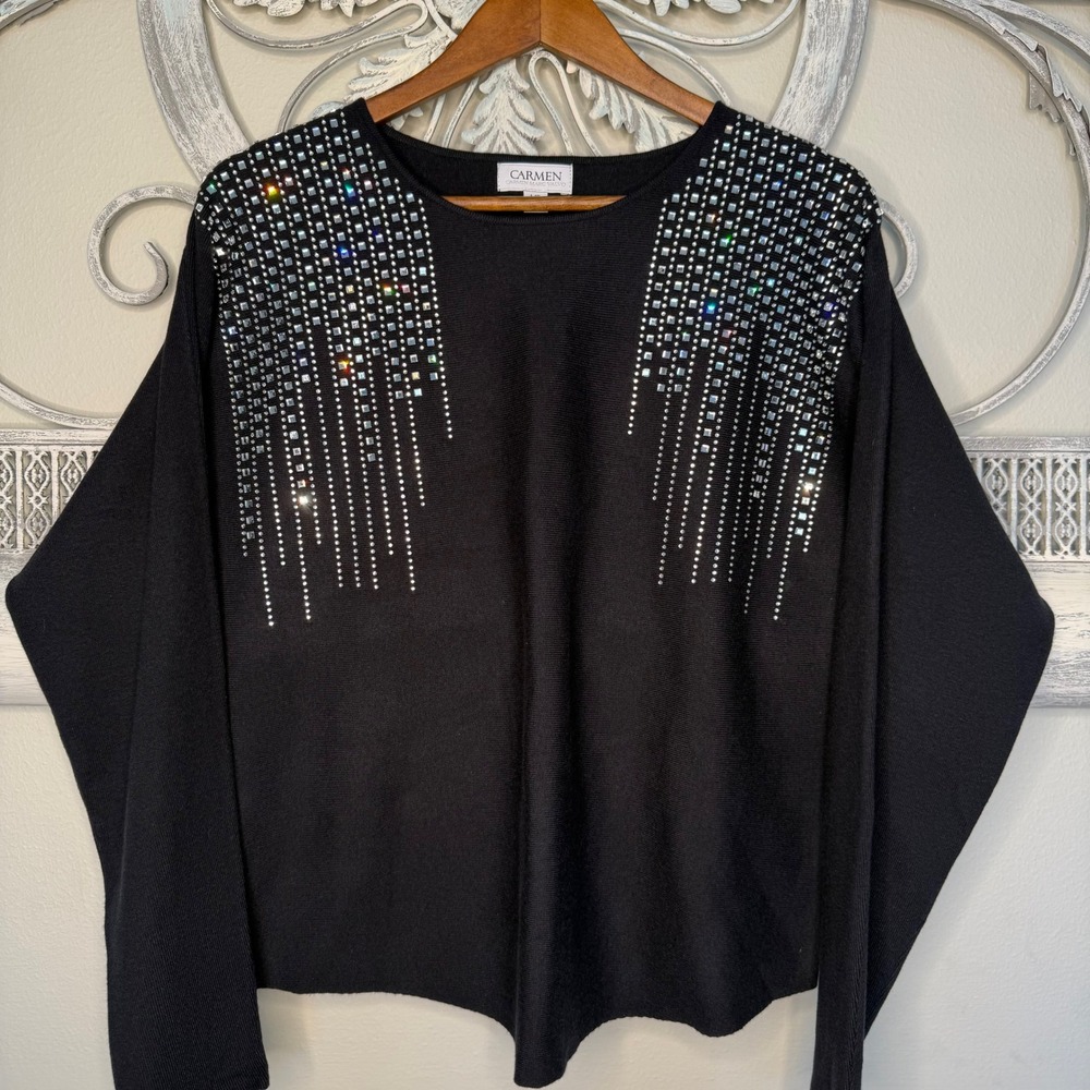 Carmen Marc Valvo Black Rhinestone Embellished Knit Sweater Large L/G Studded